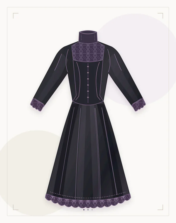 Costume concept illustration of dark gothic clothing with a high lace neckline, structured waist and long layered skirt.