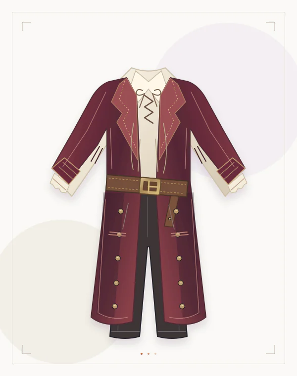 Original pirate costume illustration of an ivory shirt, burgundy long coat, wide brown belt and dark trousers.