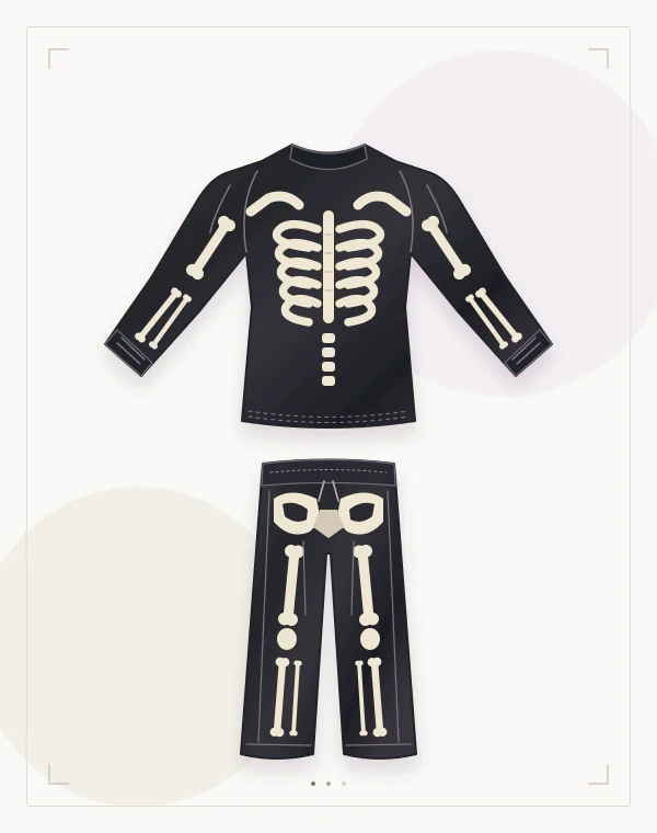 Costume concept illustration of a black long-sleeved top and trousers with pale rib, arm and leg bone graphics.