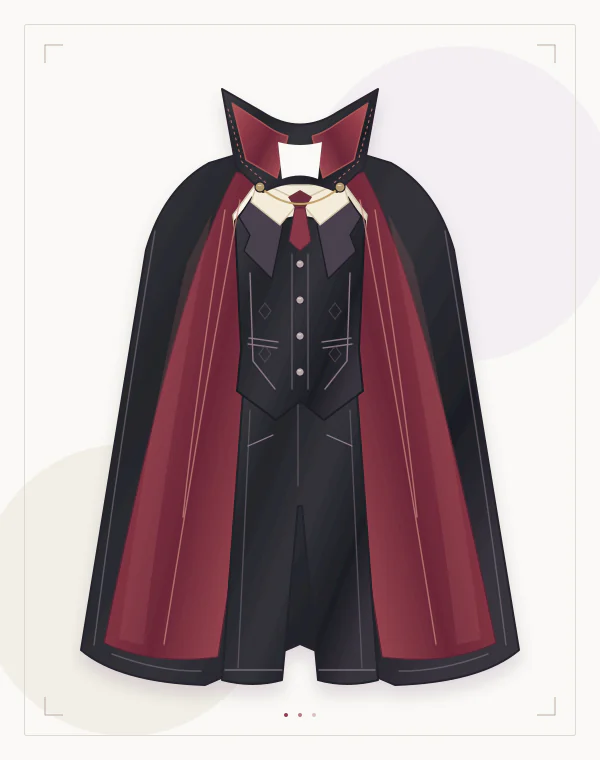 Costume concept illustration of a high-collared black vampire cape with burgundy lining over dark formal clothing.